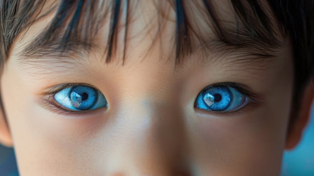 Striking close up portrait of child featuring vibrant blue eyes photo