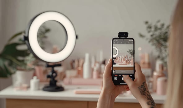 Hands holding smartphone taking photo of cosmetics with ring light