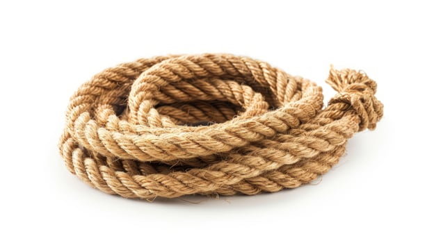 Coiled fiber rope close up on white background nautical and industrial use photo