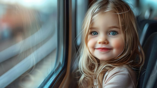 Smiling blond child looks out of the moving train window on a journey photo