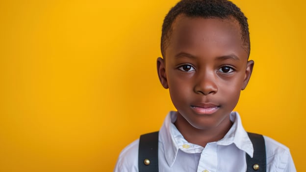 Serious young boy portrait in studio against yellow background photo