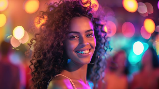 Smiling young adult enjoying nightlife with colorful lights and bokeh effects photo