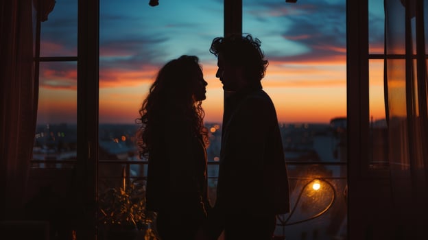 Romantic couple silhouette embrace at dawn window overlook photo