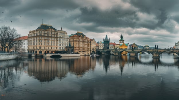 Cityscape reflection on river with historic architecture under cloudy sky photo