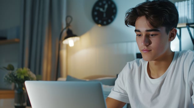 Person using laptop in soft interior light for communication or education photo