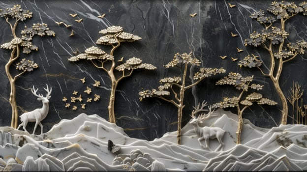 Marble relief sculpture with deer and trees nature inspired background texture photo
