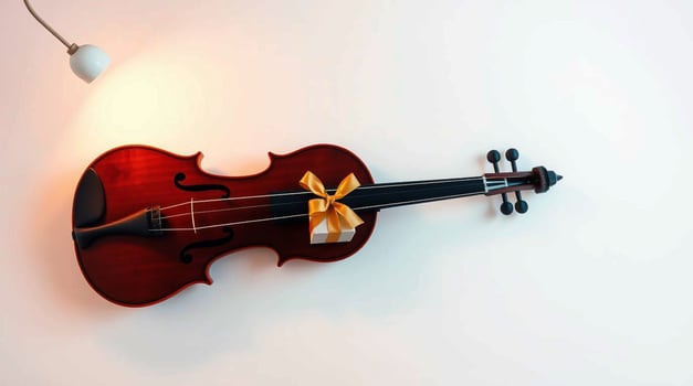 A violin is hanging on a wall with a light photo