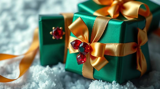Green and gold christmas gifts on snow photo