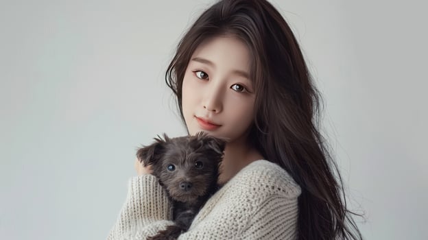 Woman hugging her small dog indoor portrait affection and friendship photo