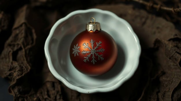 A red christmas ornament in a white bowl photo