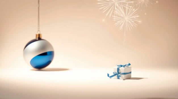A blue and white christmas ornament with a gift box photo