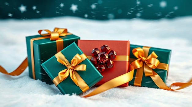 Three green and gold gift boxes with ribbons on snow photo