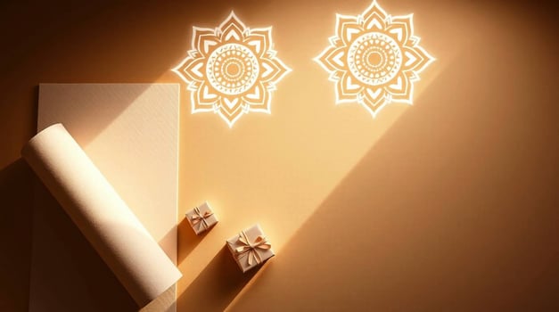 Beige Background with Mandala Design Gift Boxes and Rolled Paper Beverages photo