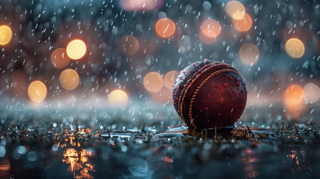 Rainy day sport ball on wet surface with bokeh lights backdrop photo