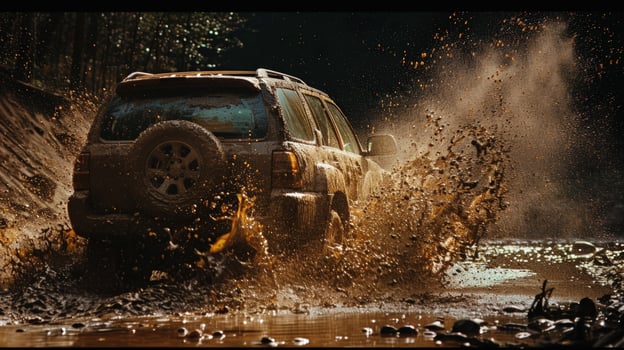 Vehicle driving through muddy water with a large splash during an outdoor adventure photo