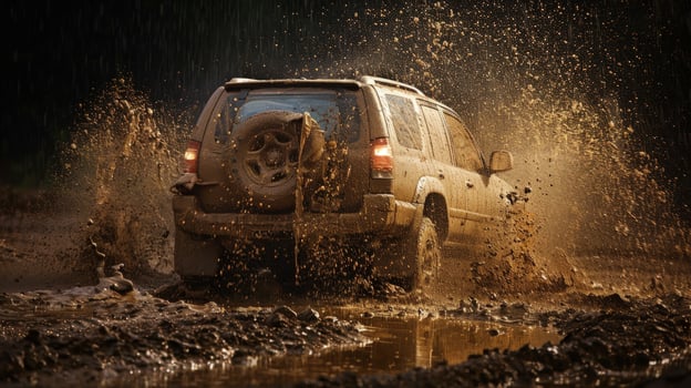 Off road vehicle driving through deep mud splashing with high speed motion photo