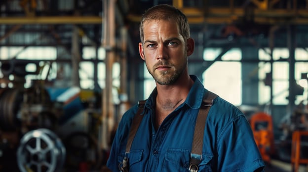 Factory worker portrait in industrial setting featuring labor and manufacturing photo