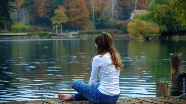 Woman relaxing by lake in autumn nature landscape scenic view photo