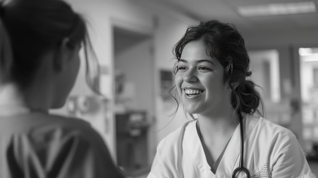 Healthcare professional smile conversation monochrome clinical setting photo