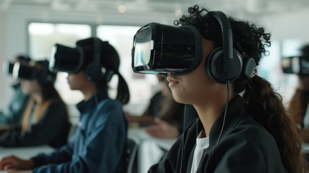 Students explore immersive learning with virtual reality headsets in classroom photo