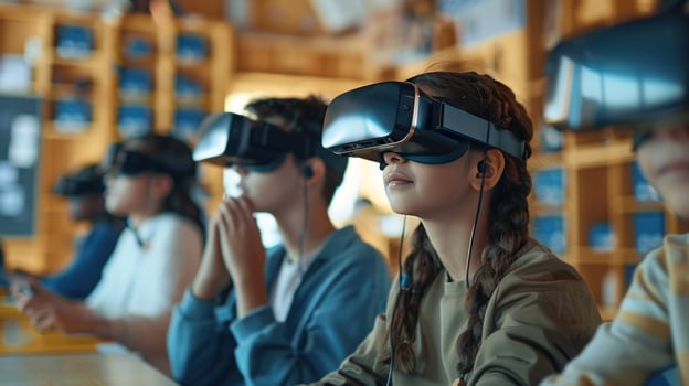 Children explore virtual reality in education futuristic classroom photo