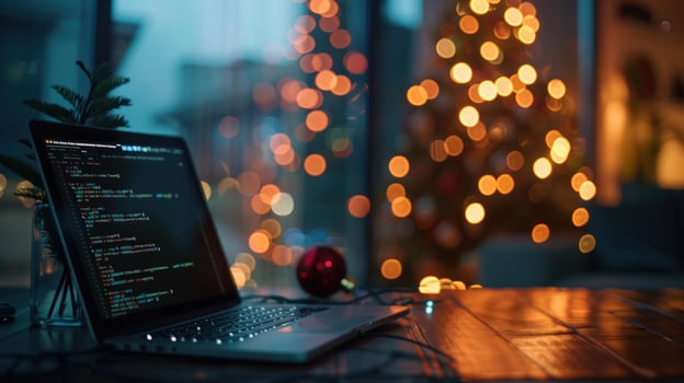 Laptop displaying code with christmas lights background photo