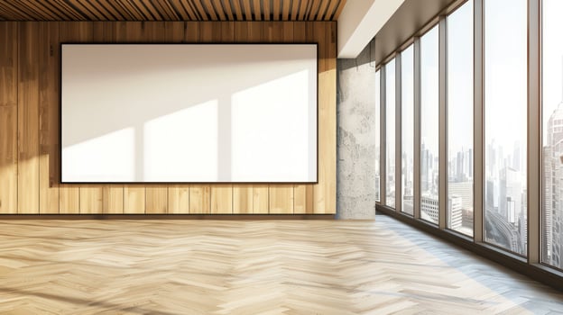 Modern interior space with blank frame large windows and natural light photo