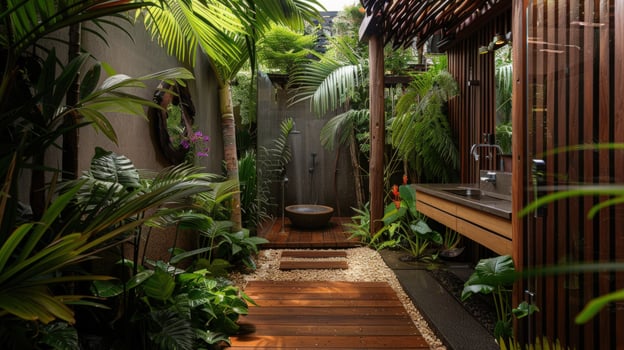 Tranquil outdoor bathroom surrounded by lush greenery and natural elements photo