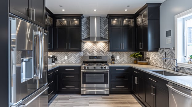 Modern kitchen interior with dark cabinets and stainless steel appliances design photo