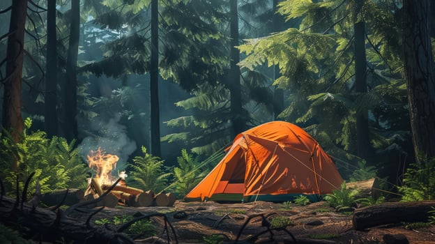 Camping tent and bonfire in dense evergreen forest adventure photo