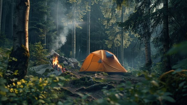 Forest camping adventure tent and campfire under sunlight in wilderness photo