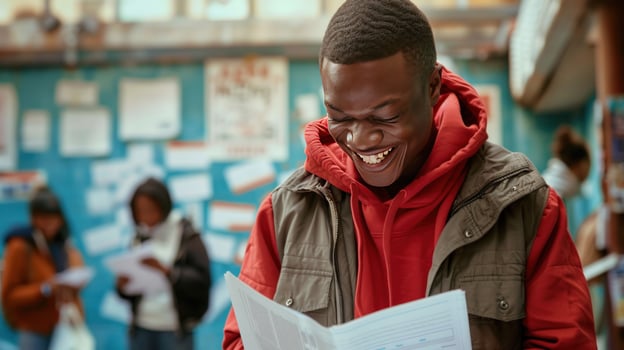 Student reads document joyfully indoor scene photo
