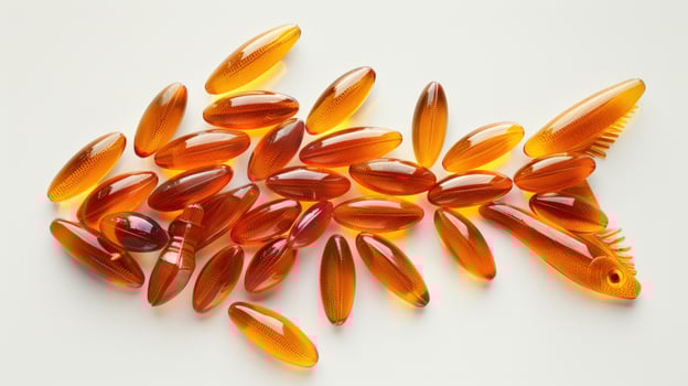 Omega 3 fish oil capsules arranged in shape of fish symbolizing health and nutrition photo