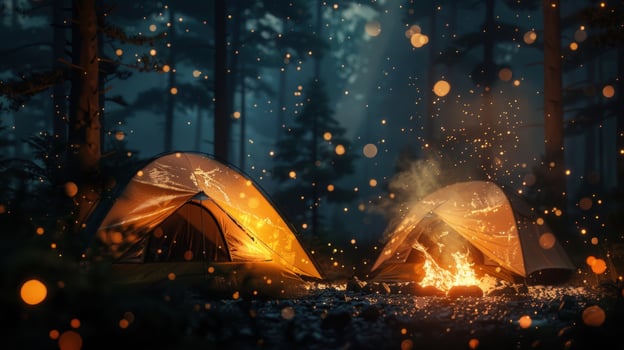 Camping adventure under dark sky tents and campfire in night forest photo