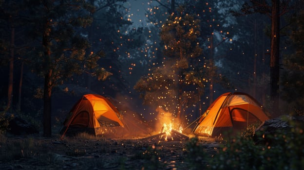 Night camping with campfire in forest adventure and tourism photo