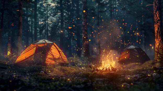 Camping adventure with firelight in dark forest landscape photo