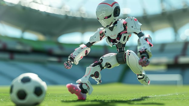 Robot playing soccer on field of green digital age concept photo