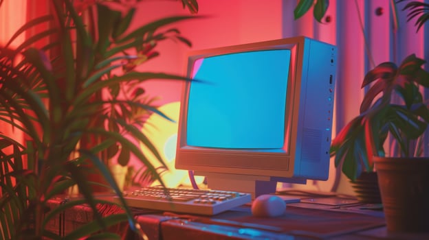 Vintage computer among plants with neon lighting home office setup photo