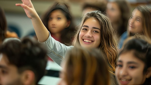 Students participating in class with raised hands in an educational setting photo