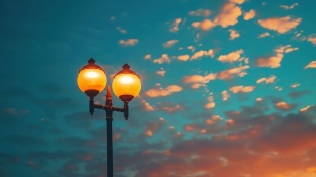Illuminated light post under twilight sky with wispy clouds at dusk photo