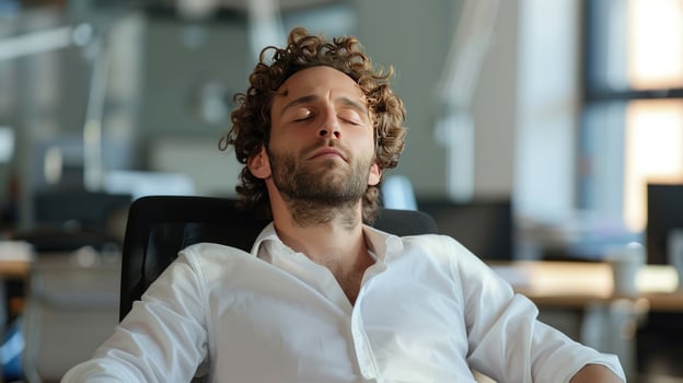 Man relaxing in office chair enjoying a moment of peace and quiet during work photo