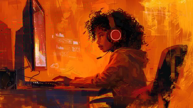 Young gamer playing computer game with headphone illustration photo