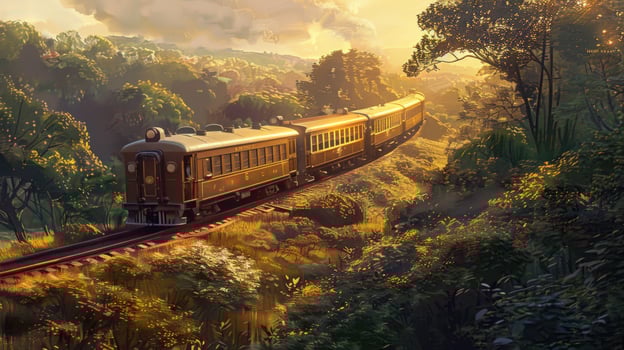 Vintage train journey through green nature landscape passenger rail transport photo