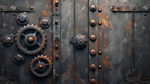 Industrial metal texture with gears and bolts vintage mechanical background photo