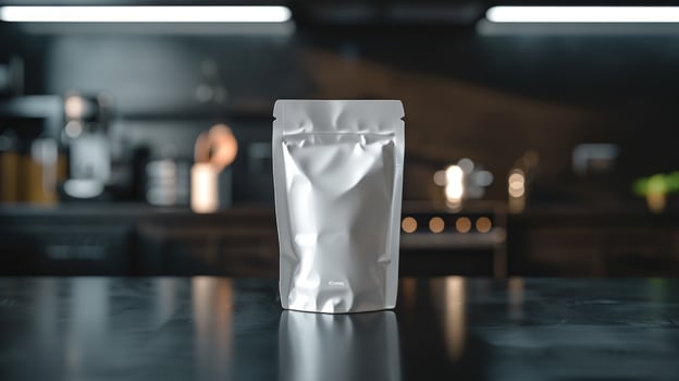 Stand up pouch packaging mockup on kitchen countertop photo