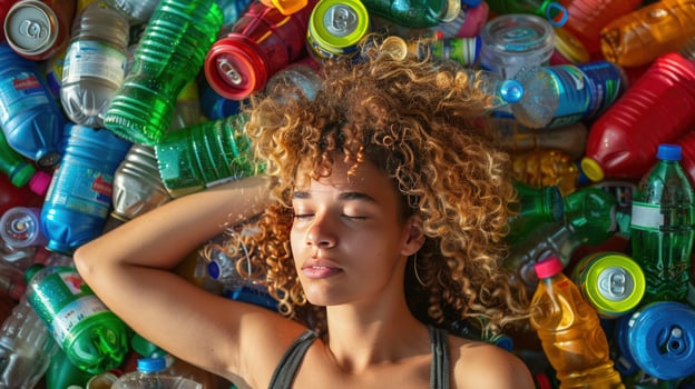 Woman lying amidst recycled plastic bottles and aluminum cans environmental concept photo