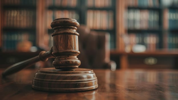 Gavel on table represents justice court authority and lawmaking photo