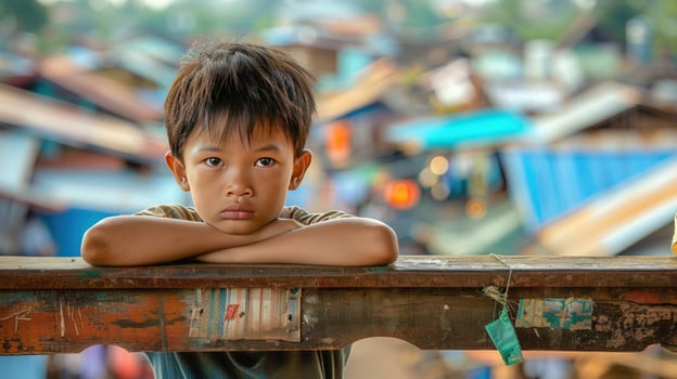 Contemplative boy in urban setting portrait of youthful reflection photo