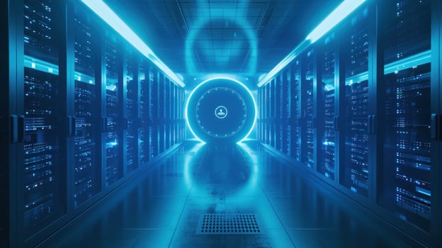 Futuristic data center server room with neon blue lighting and network communication photo