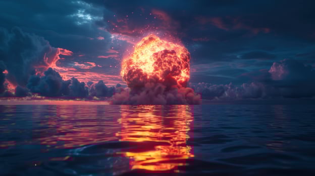 Dramatic explosion at sea reflecting on water under a cloudy sky photo